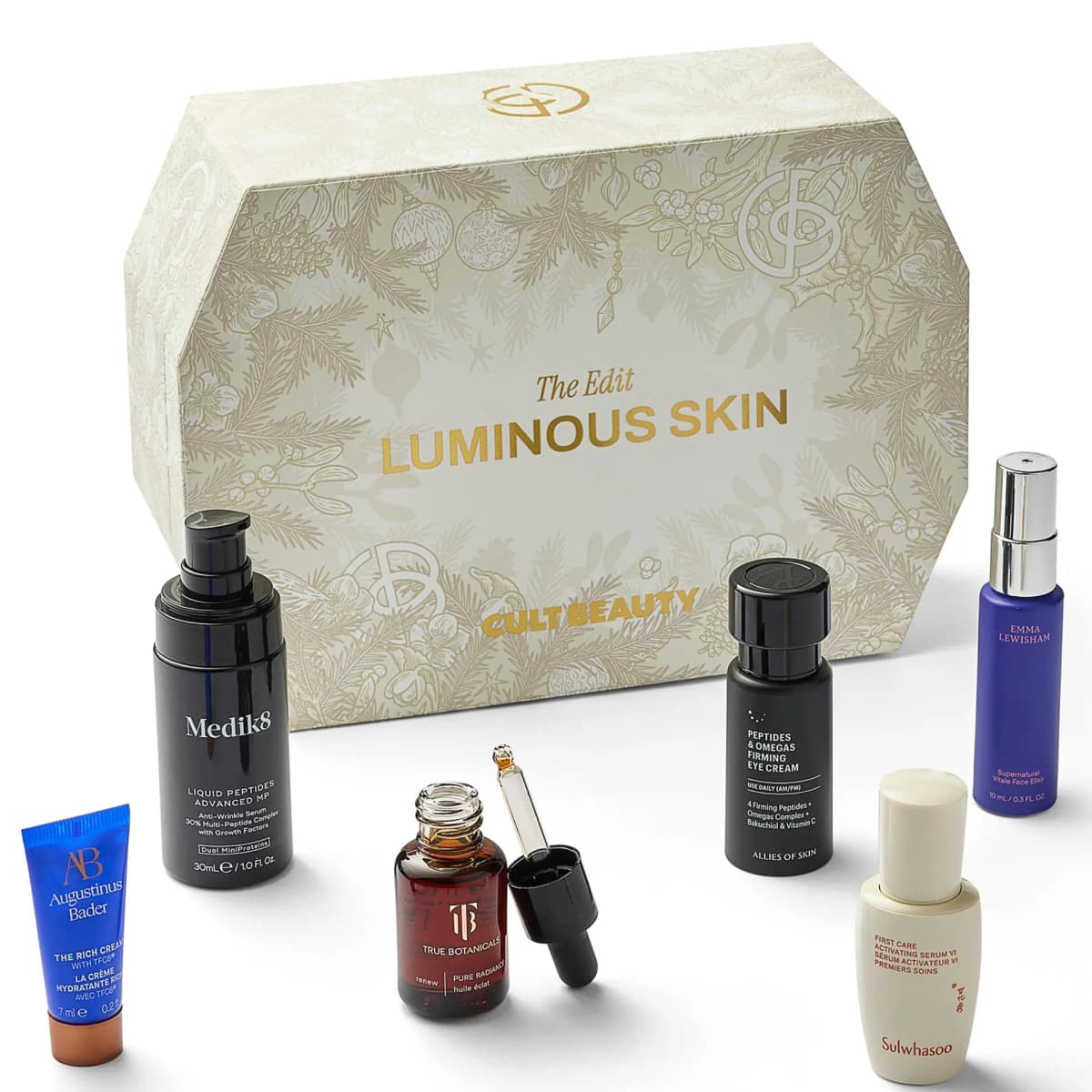 Cream Luminous Skin box on white with Medik8 serum, True Botanicals oil, Allies of Skin eye cream and Sulwhasoo serum
