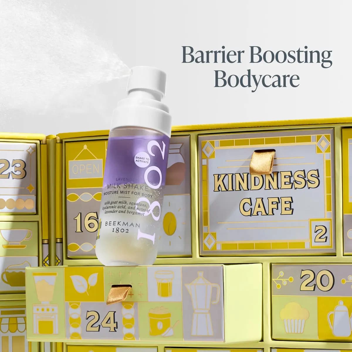 Lavender Milk Shake Moisture Mist for Body spraying above open calendar drawers labelled Kindness Cafe, 16, 20 and 24