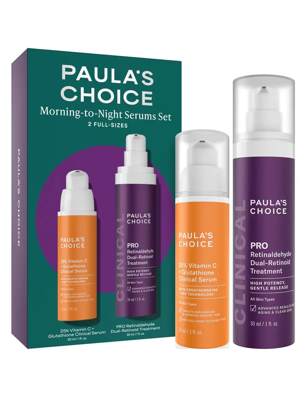 Morning-to-Night Serums Set with orange 25% Vitamin C serum and purple PRO Retinaldehyde pump bottle beside teal box.