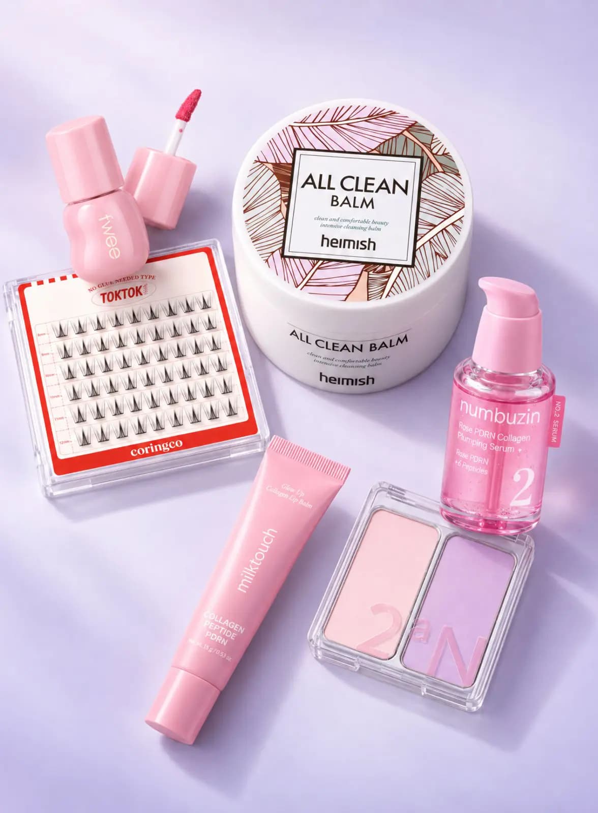 Heimish All Clean Balm, numbuzin serum, fwee tint, milktouch lip balm, 2aN blush duo and TOKTOK lashes on lilac