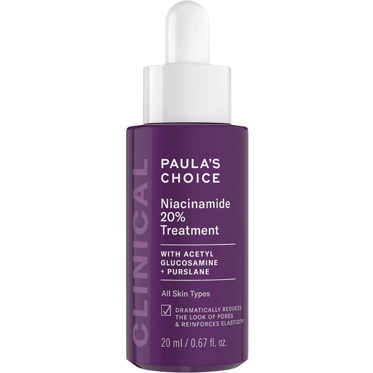 Paula's Choice Clinical Niacinamide 20% Treatment in a purple dropper bottle, 20 ml