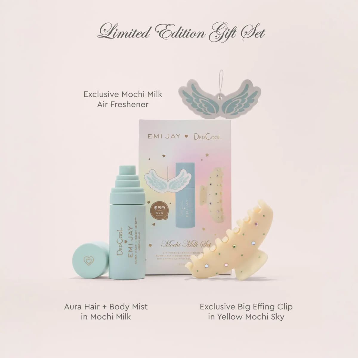 Limited Edition Gift Set graphic labelling the Mochi Milk air freshener, Aura Hair + Body Mist and Yellow Mochi Sky clip
