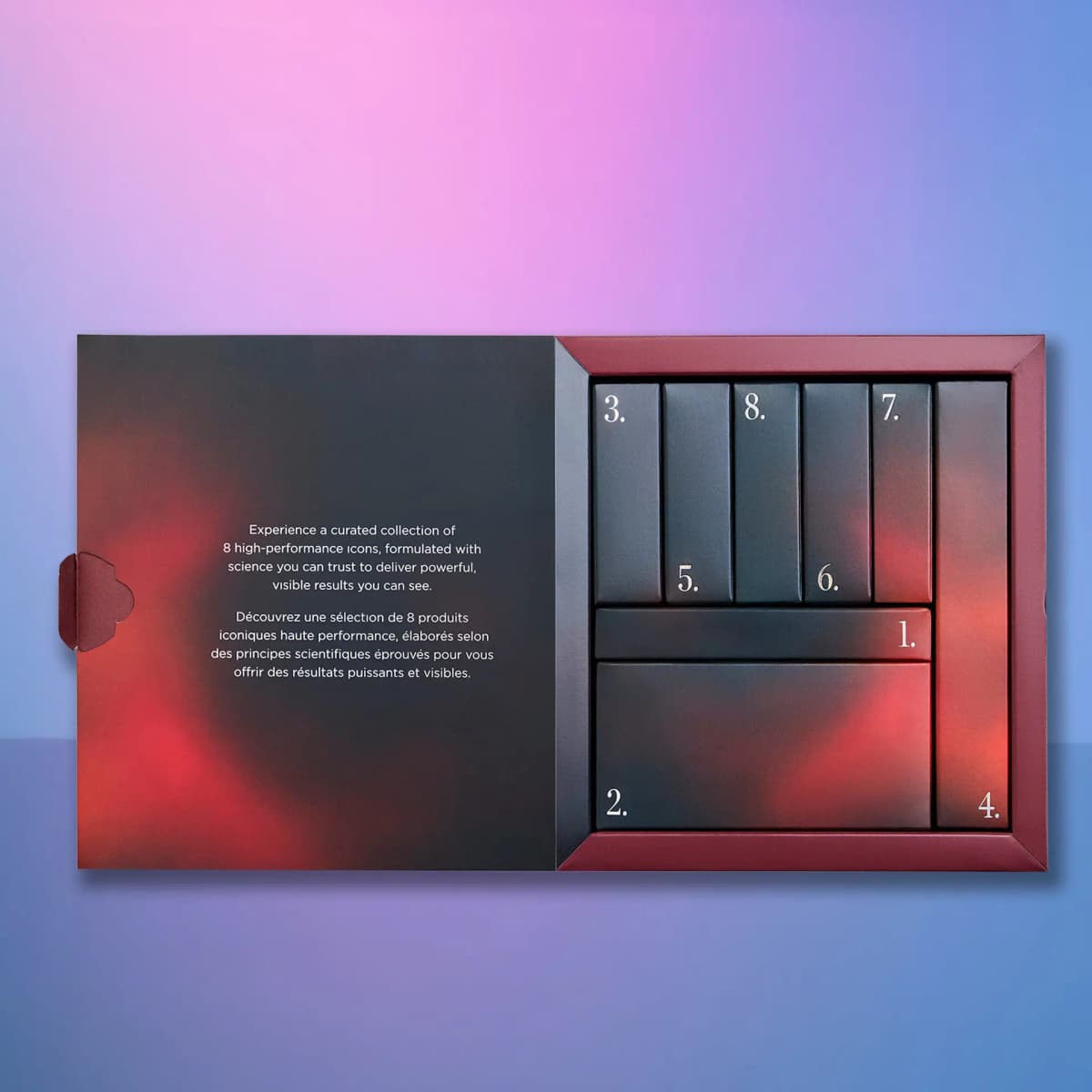 Open 8 Days of Icons calendar with dark numbered doors 1 to 8 in a burgundy tray beside a bilingual text flap