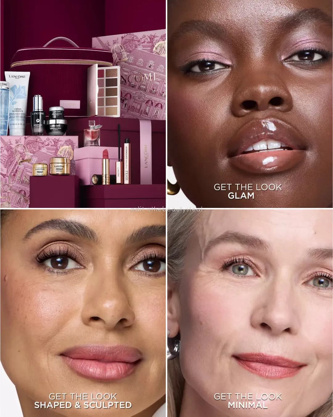 Four-panel grid showing the Lancôme gift set and three models demonstrating Glam, Shaped & Sculpted and Minimal makeup looks.