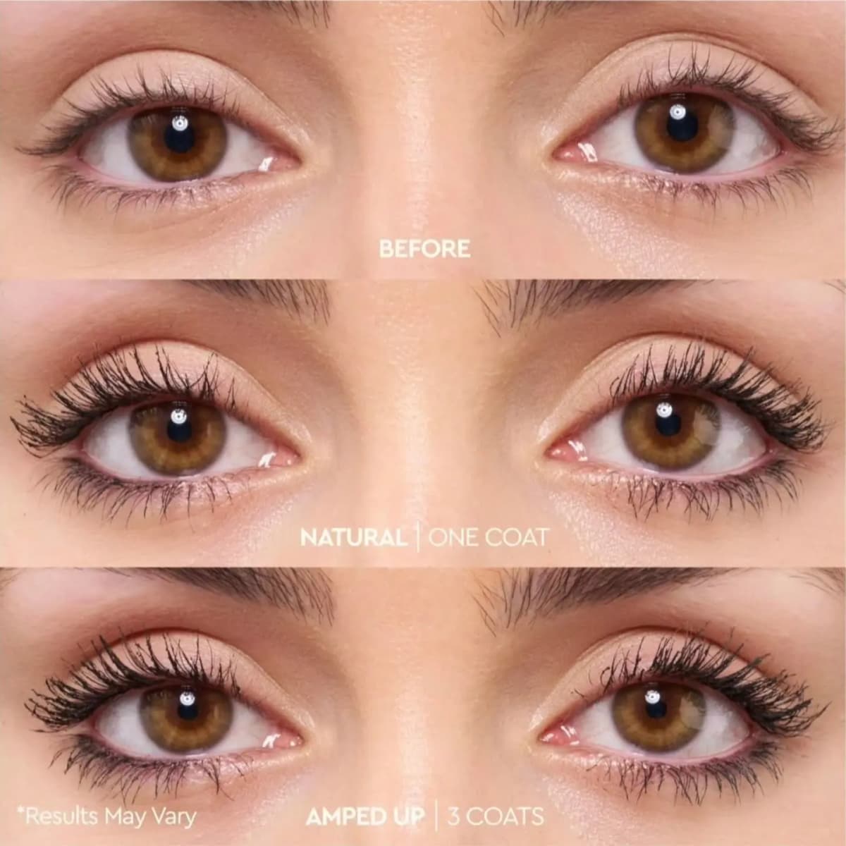 Before-and-after eye close-ups showing bare lashes, a natural one-coat look and an amped-up three-coat look