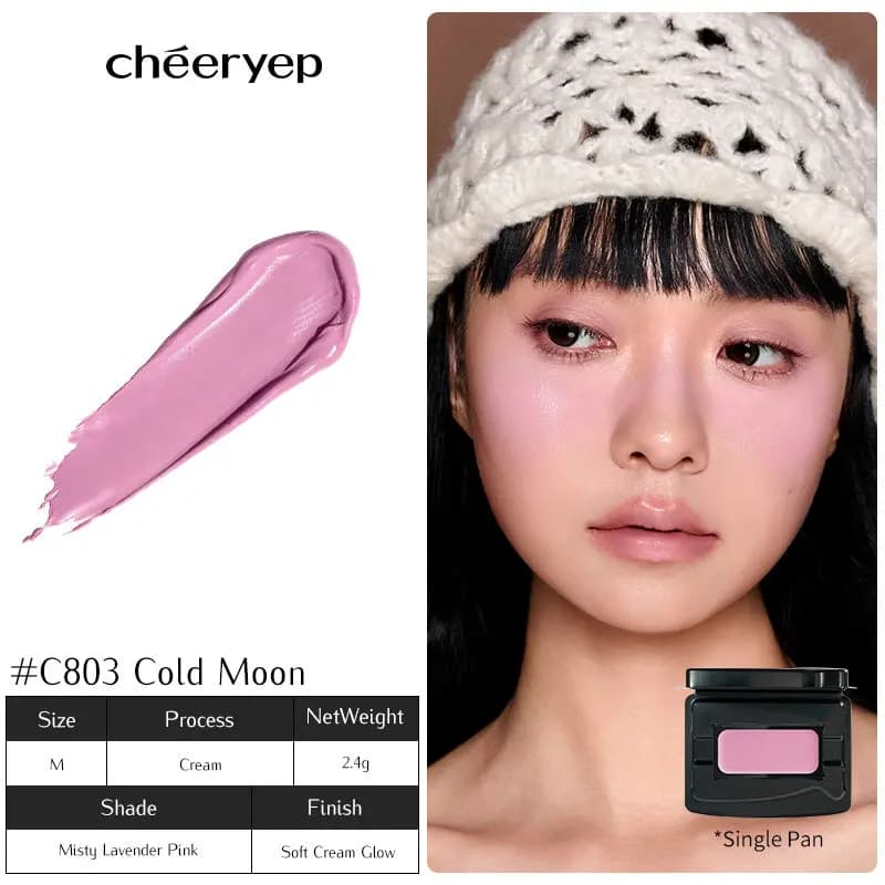 C803 Cold Moon misty lavender pink swatch beside a model in a white crochet hat with lavender-pink flushed cheeks