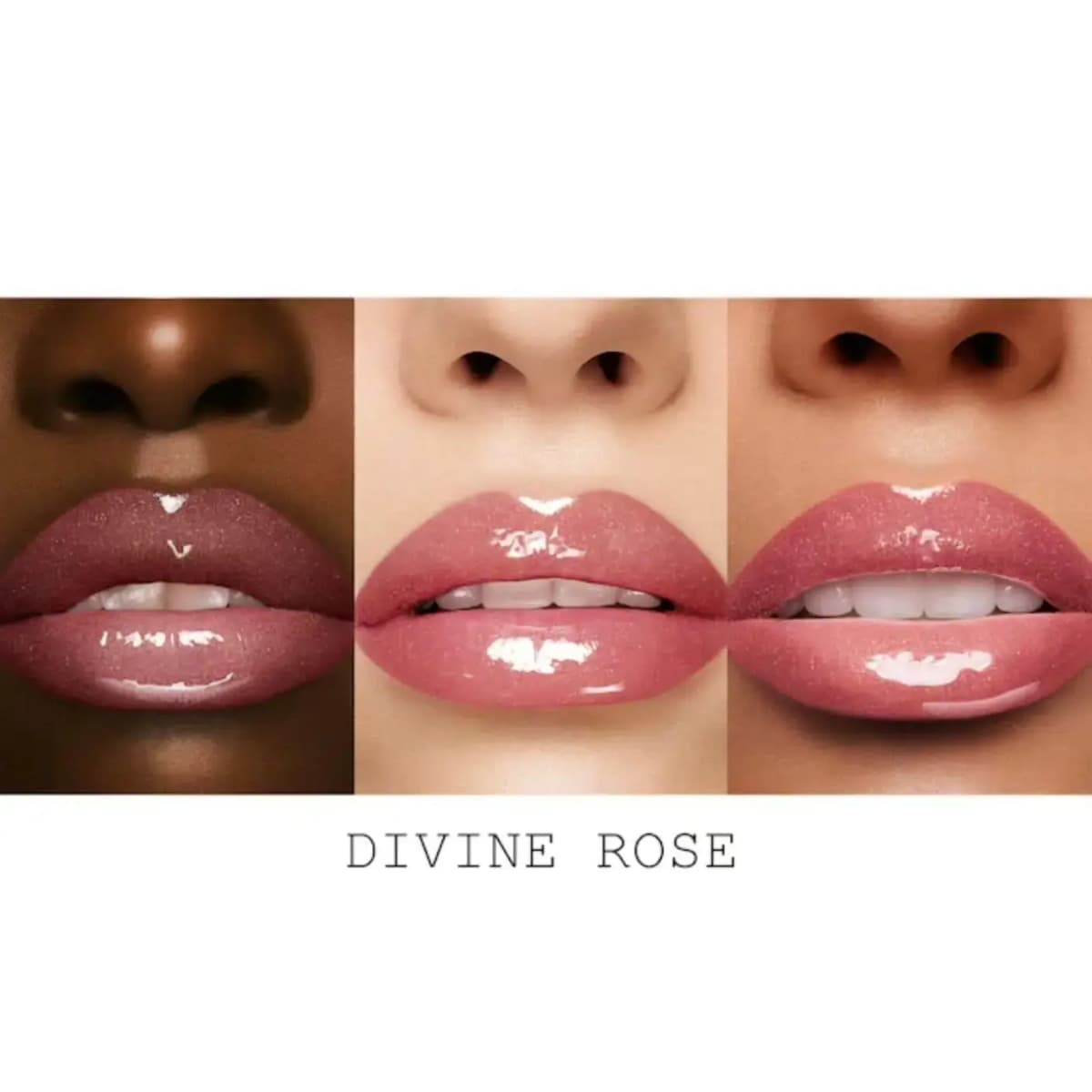 Divine Rose glossy pink lip swatches with fine shimmer on deep, fair and medium skin tones