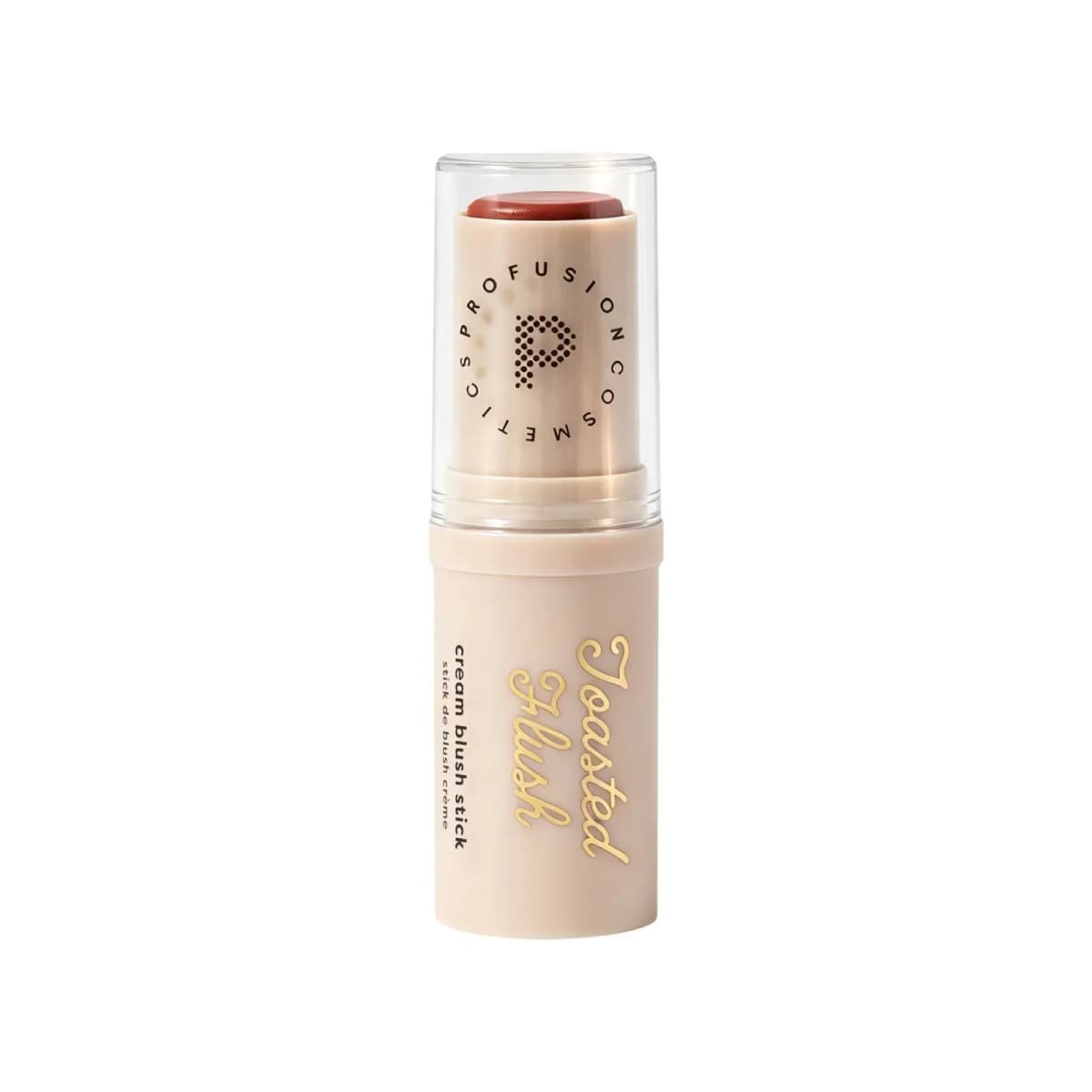 Profusion Toasted Flush cream blush stick with a terracotta bullet under a clear cap on a cream tube.