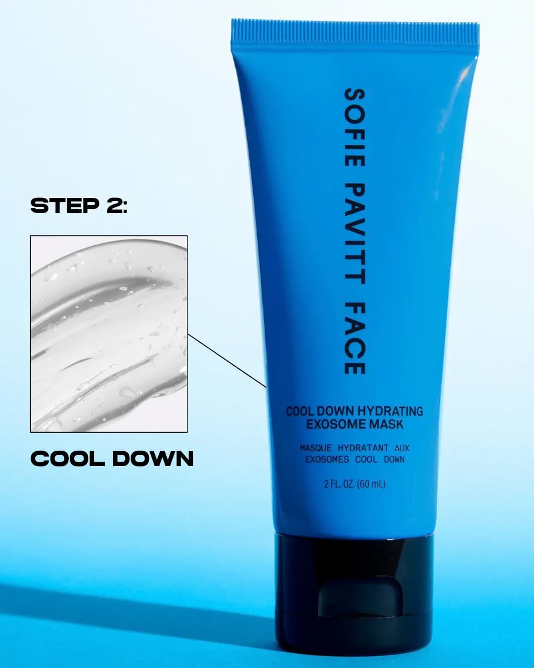 Blue Cool Down Hydrating Exosome Mask tube beside a clear gel swatch labelled Step 2: Cool Down on a light blue backdrop