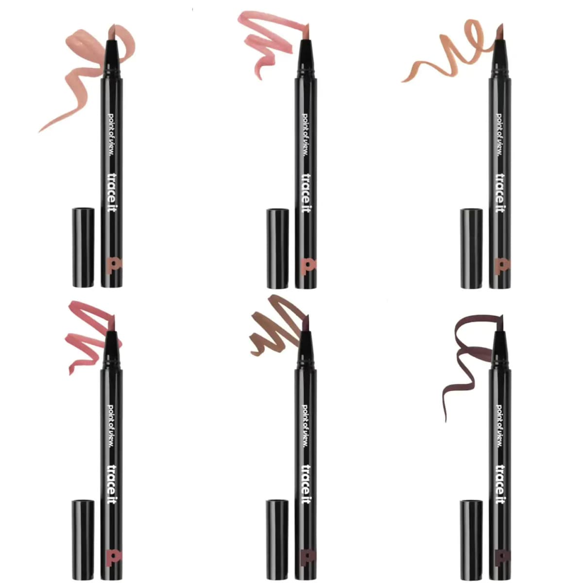 Six Trace It lip liner pens in a grid, each with a swatch from light nude and pink to brown and deep plum