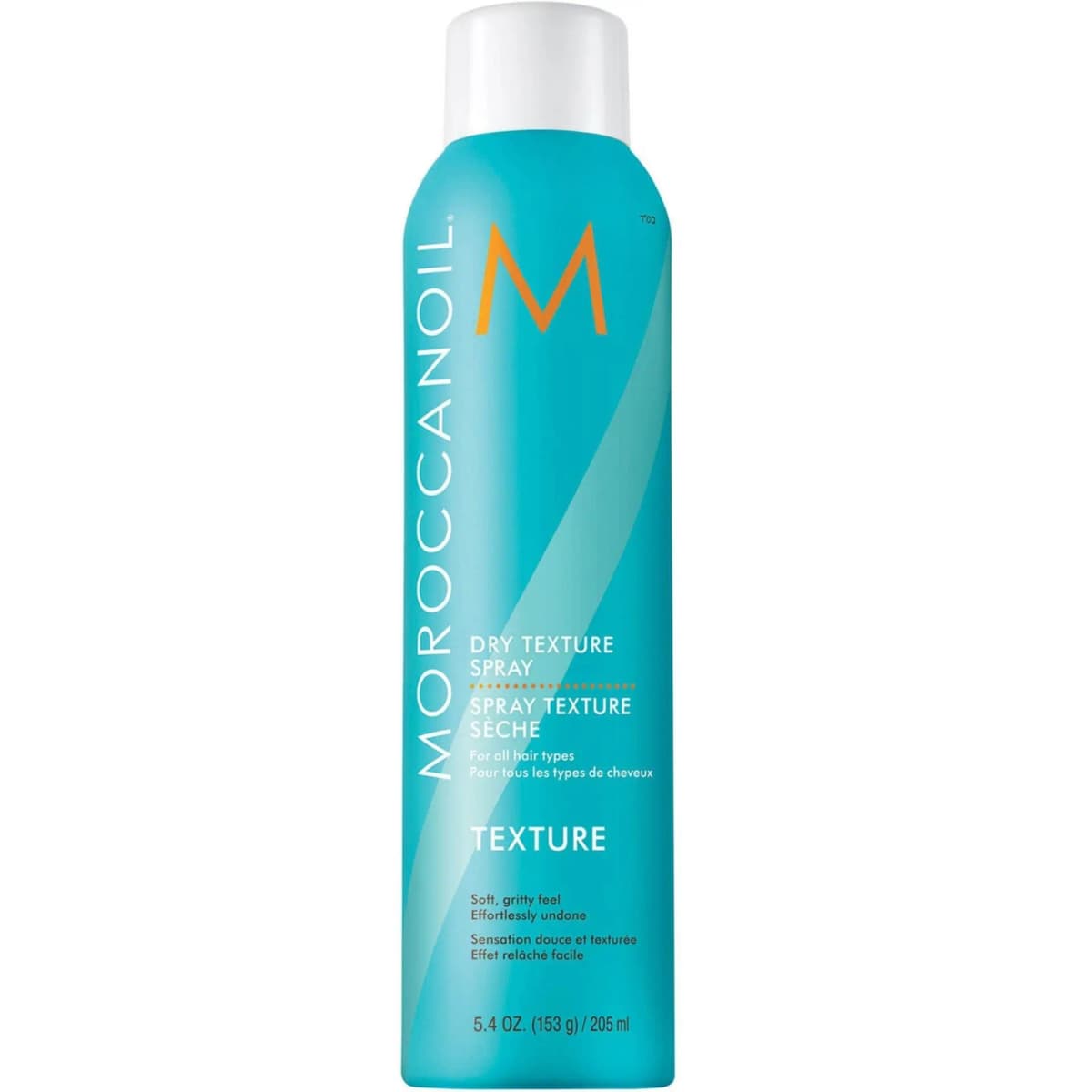 Moroccanoil Dry Texture Spray in a turquoise can with orange M logo and white cap