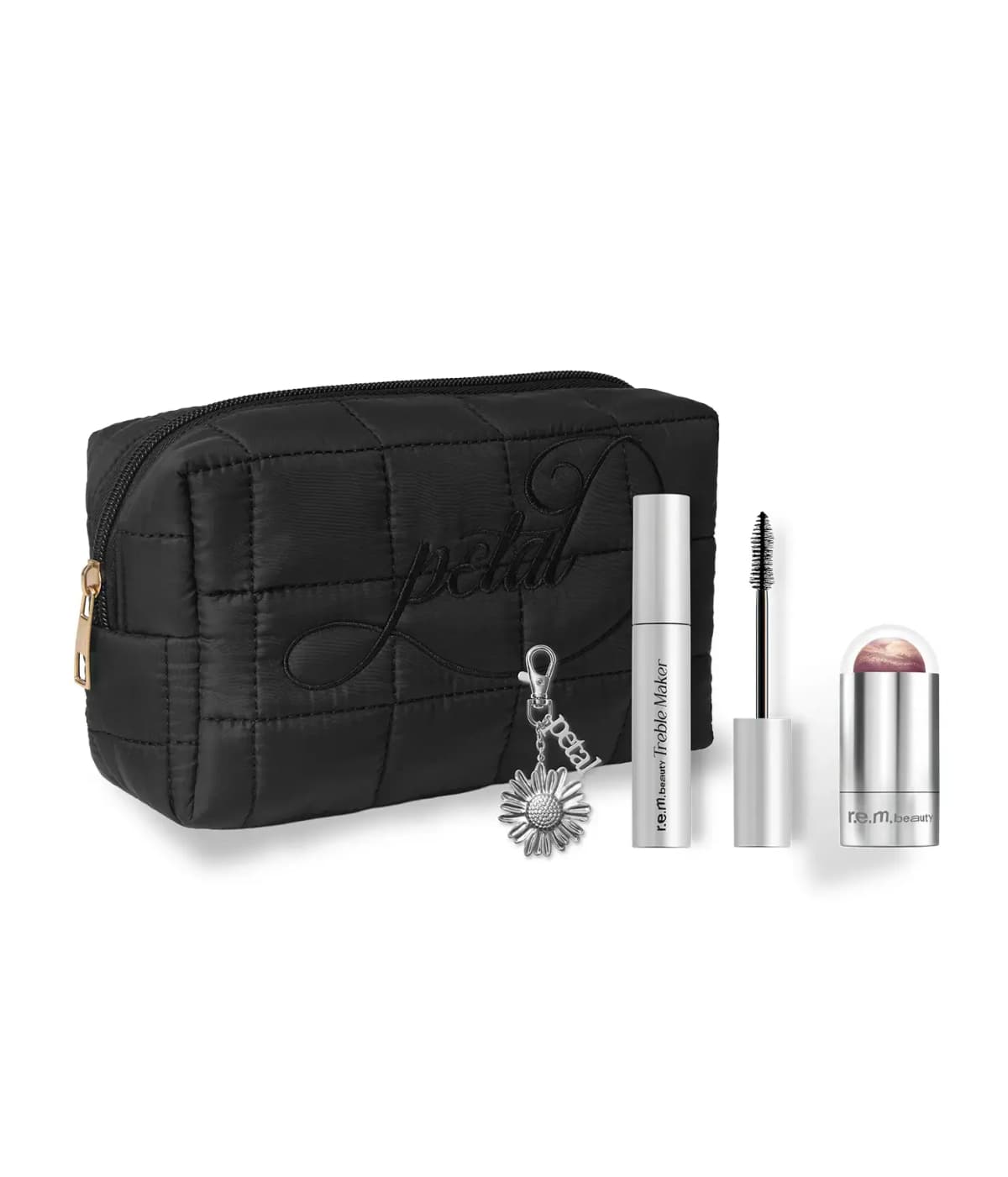 R.e.m. beauty Petal Kit with black quilted petal makeup bag, silver daisy keychain, treble maker mascara and blush stick