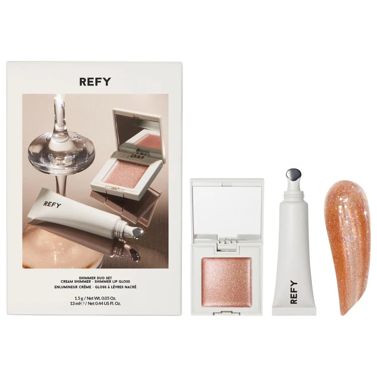 REFY Shimmer Duo Set box beside an open rose-bronze Cream Shimmer compact, white gloss tube and sparkly peach swatch