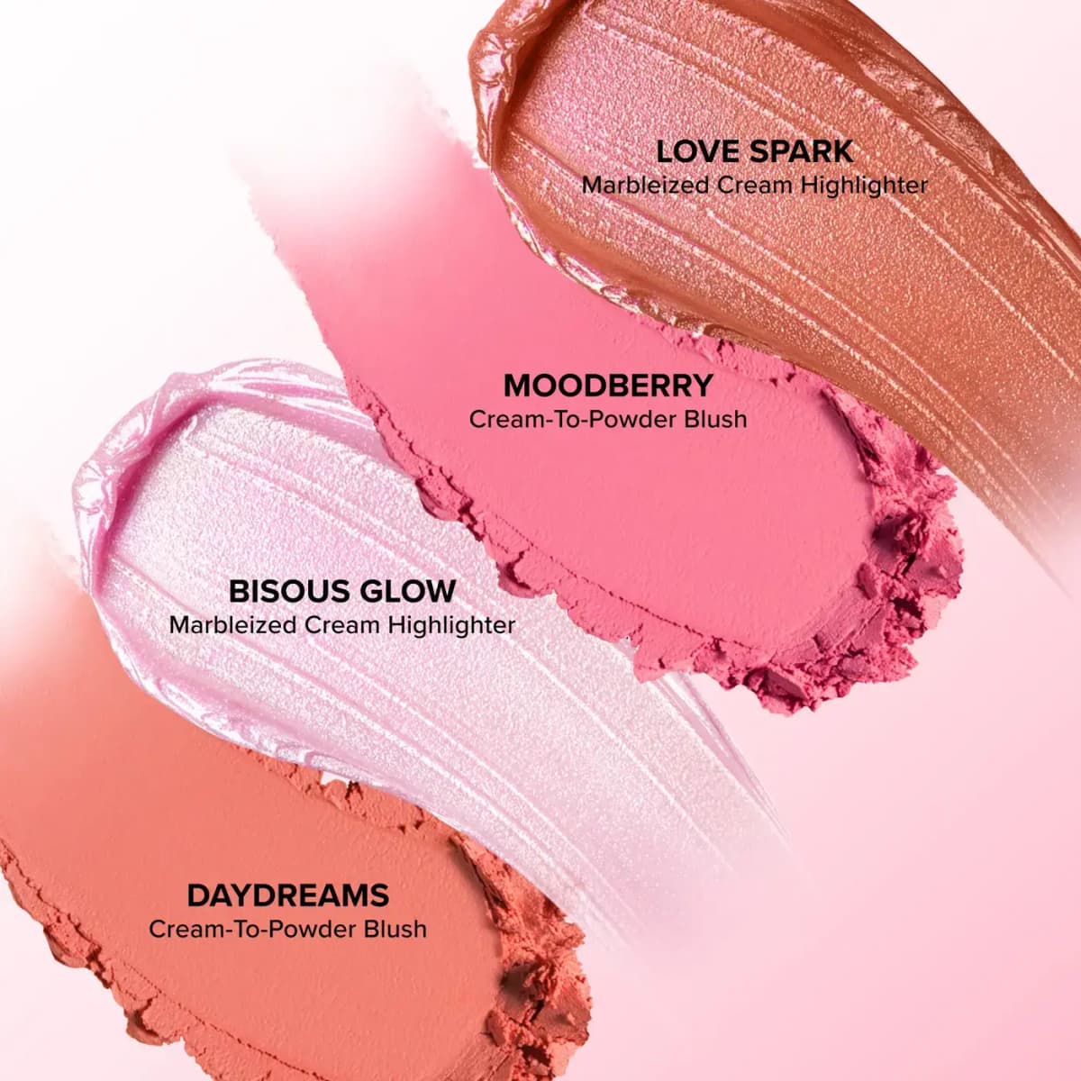 Swatches labeled Love Spark, Moodberry, Bisous Glow and Daydreams showing creams and powders in pink and coral tones.