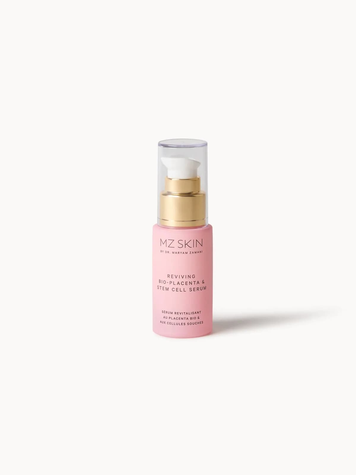 MZ Skin Reviving Bio-Placenta & Stem Cell Serum in a pink bottle with gold pump and clear cap