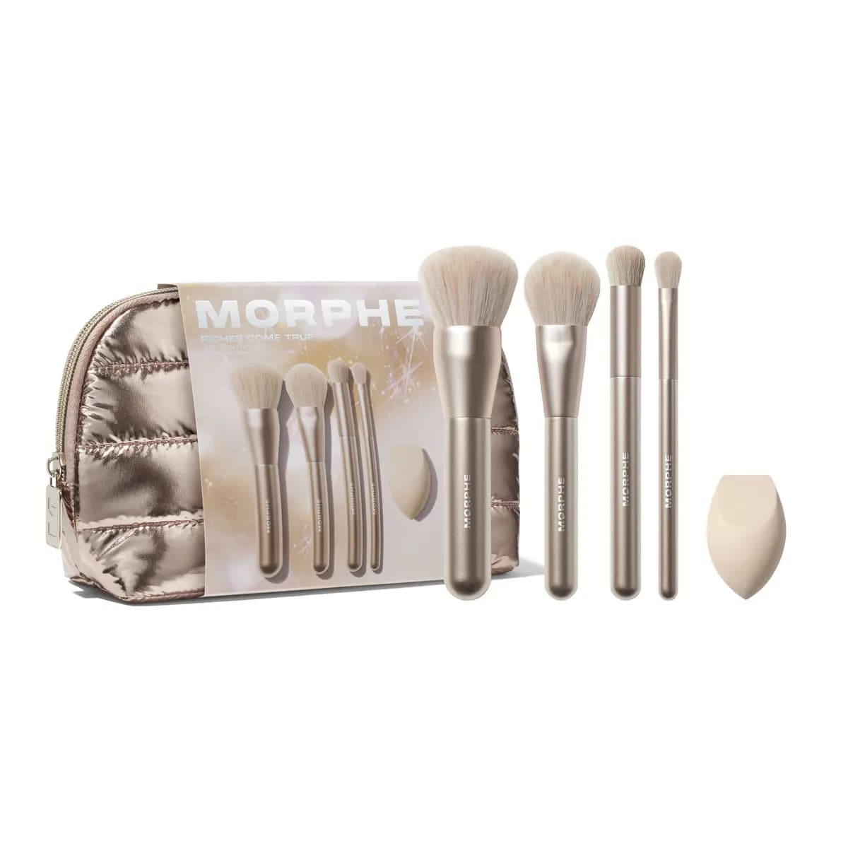 Morphe Riches Come True brush set: four champagne brushes, a beige sponge and a quilted metallic pouch