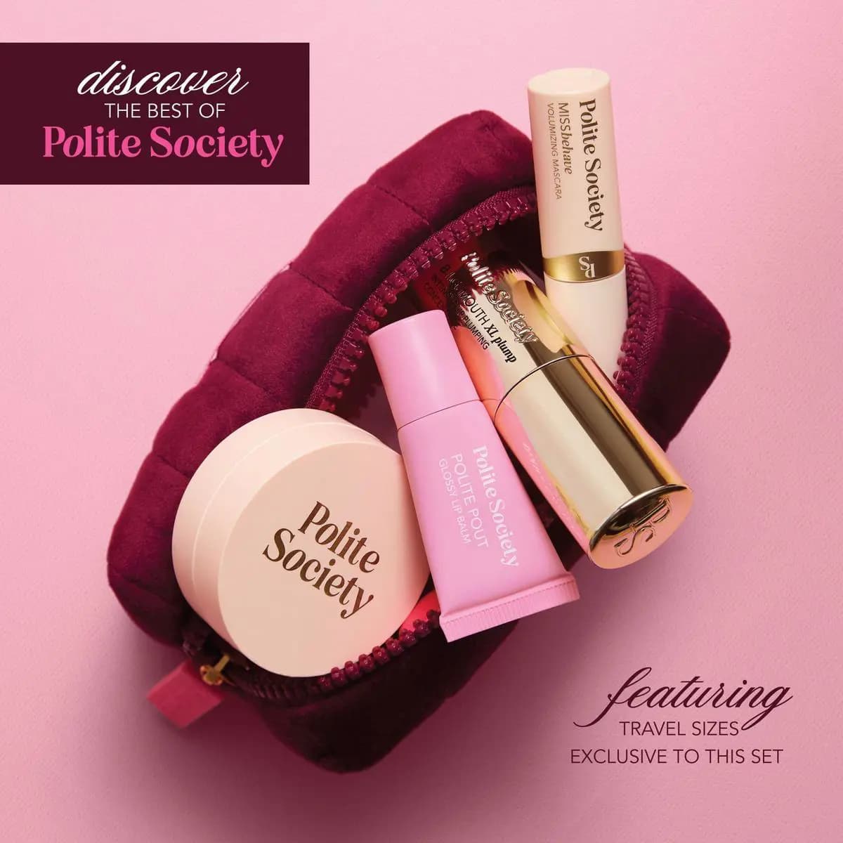 Overhead flat lay of the burgundy velvet bag open with minis spilling out, text reading Discover the Best of Polite Society