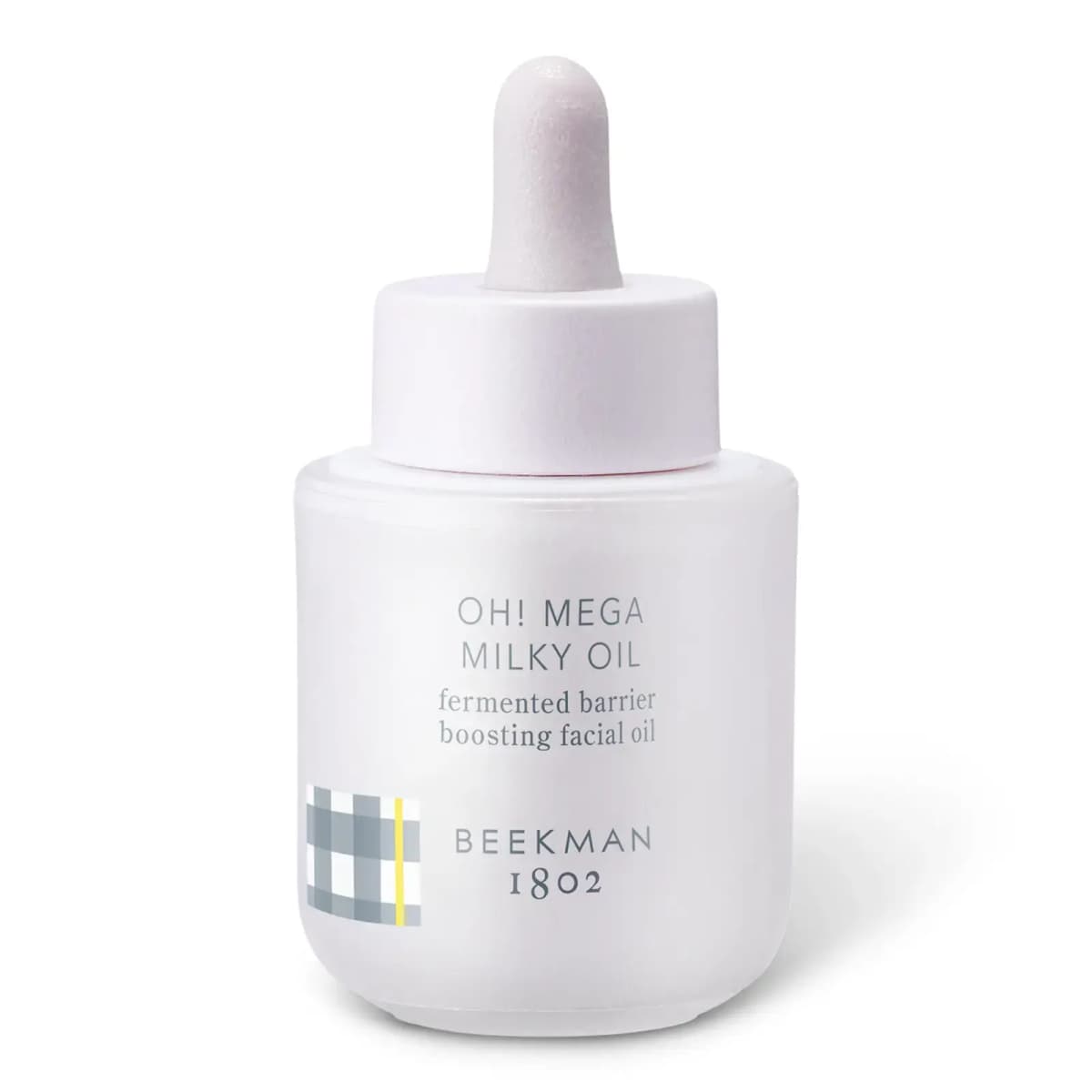 Mini Brands miniature replica of the white Beekman 1802 Oh! Mega Milky Oil dropper bottle, a fermented barrier boosting facial oil with gingham label