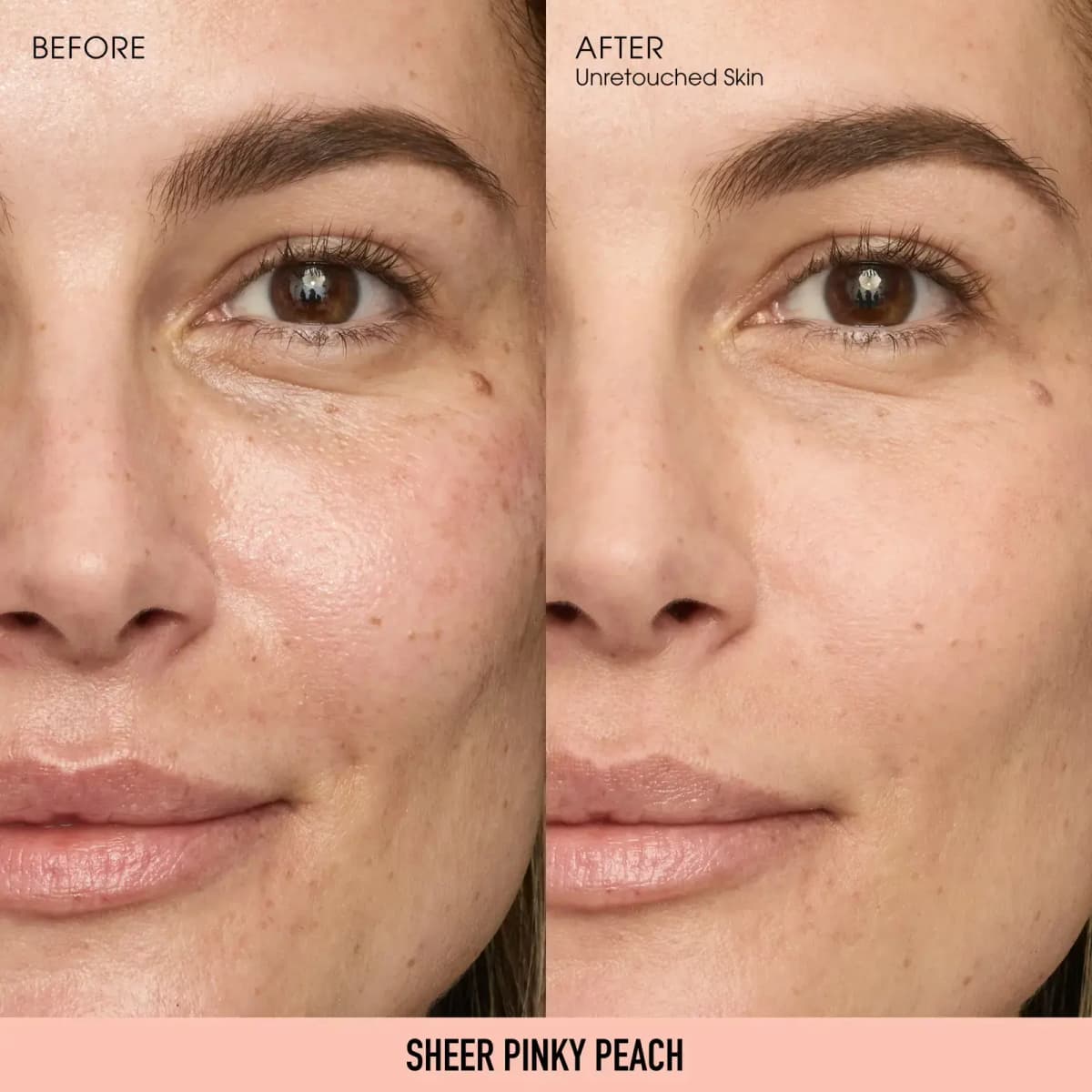 Before and after close-up of light, freckled skin, shinier before and matte after, labelled Sheer Pinky Peach