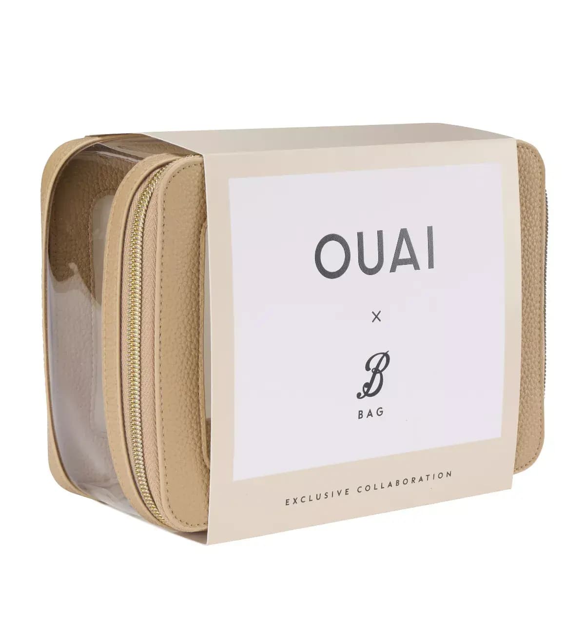 Beige pebbled zip bag with clear side panel in an OUAI x B Bag Exclusive Collaboration sleeve