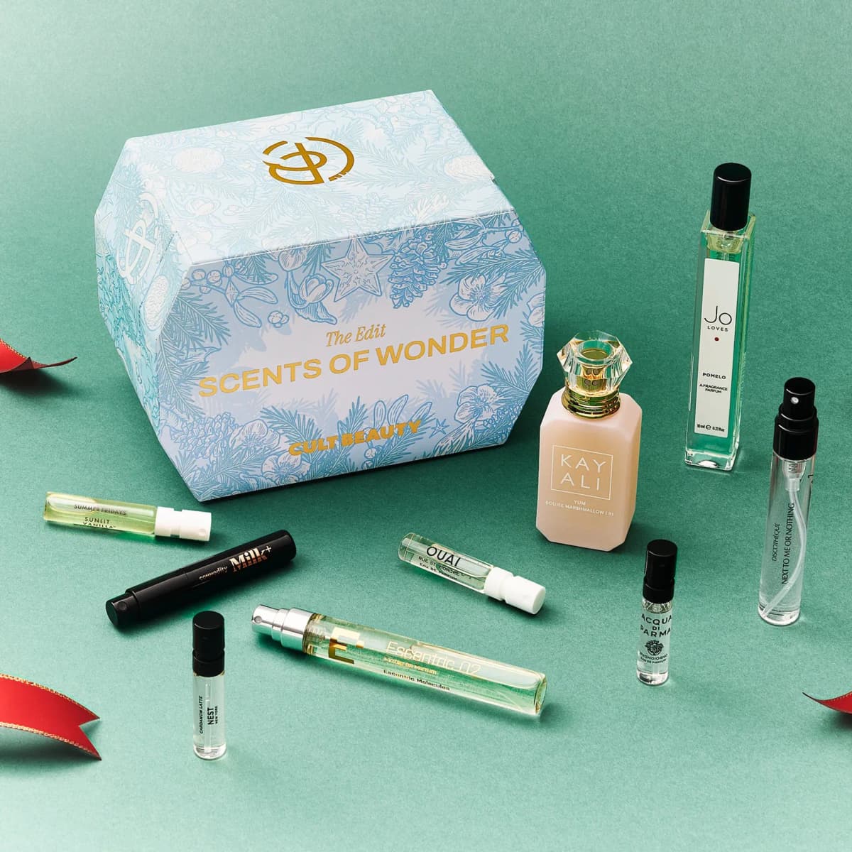 Pale blue Scents of Wonder box on green with KAYALI, Jo Loves Pomelo, Escentric 02 and Acqua di Parma minis
