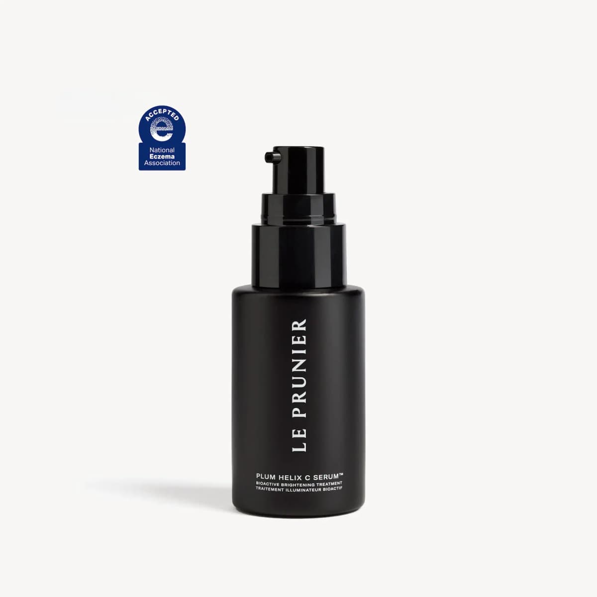 Matte black pump bottle on white with a navy National Eczema Association Accepted seal
