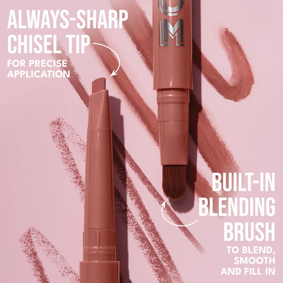 Nude-pink lip liner showing its chisel tip and built-in blending brush over pink swatch strokes, with labeled callouts.