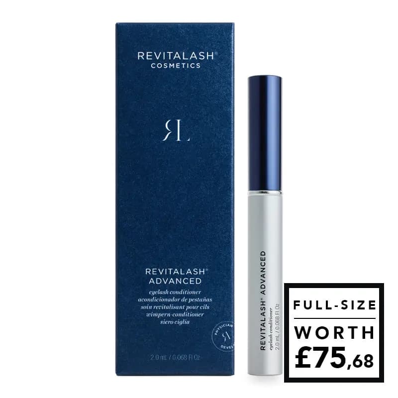 RevitaLash Advanced eyelash conditioner silver wand beside navy box, full-size worth £75.68