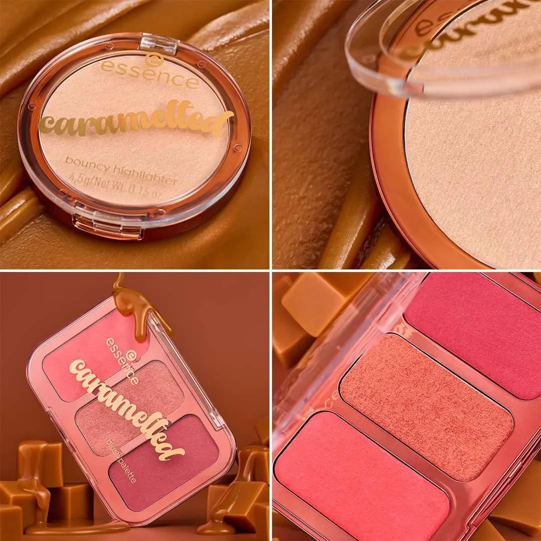 essence caramelted Bouncy Highlighter and Blush Palette shown whole and in close-up with melted caramel