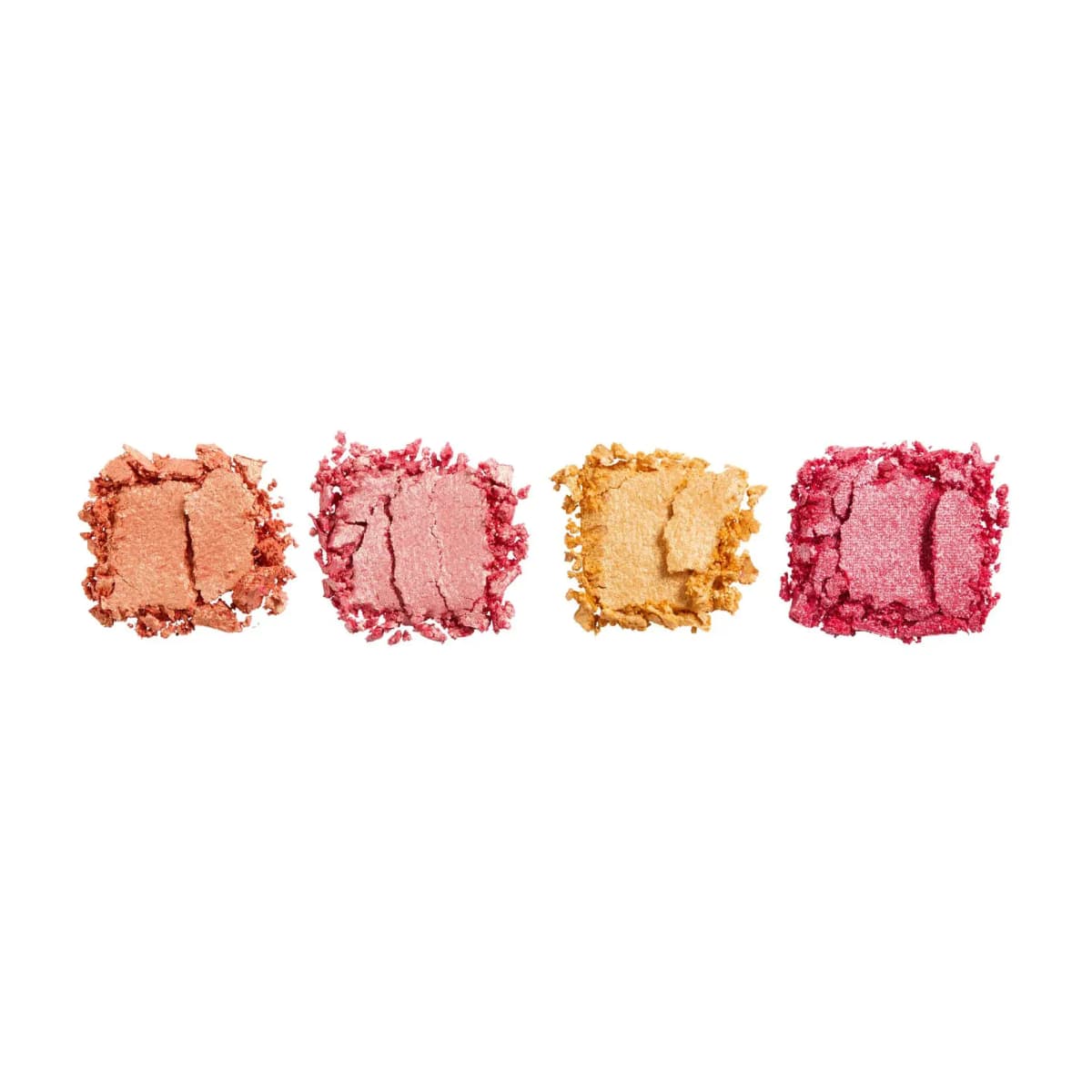 Crushed metallic swatches in peachy coral, soft rose pink, golden yellow and raspberry pink on white
