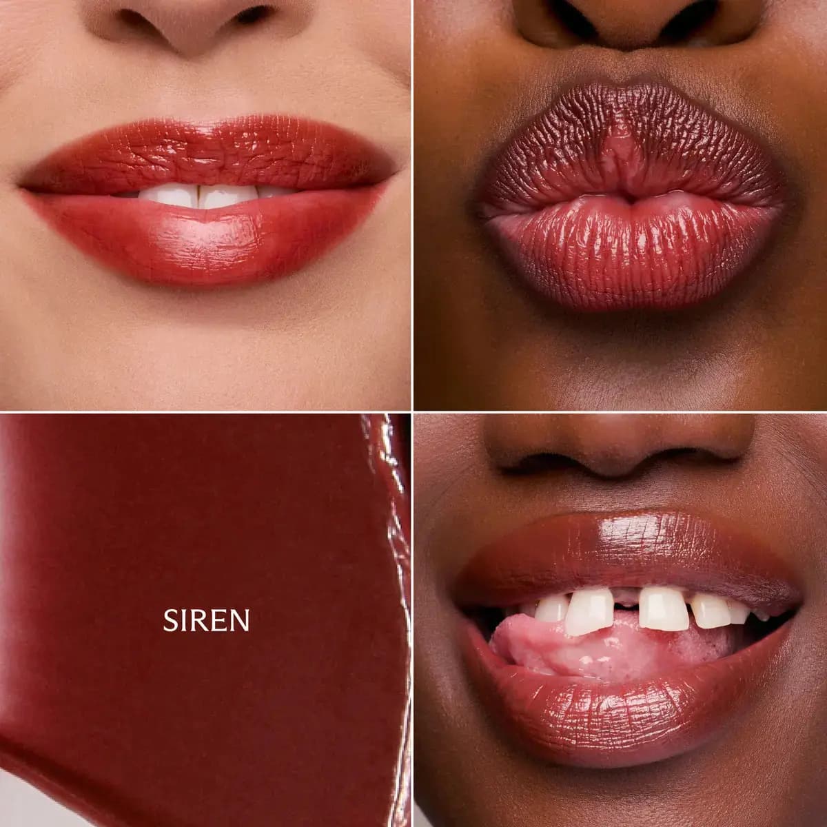 Siren swatch grid of a shiny brick red on fair and deep skin tones with a glossy swatch
