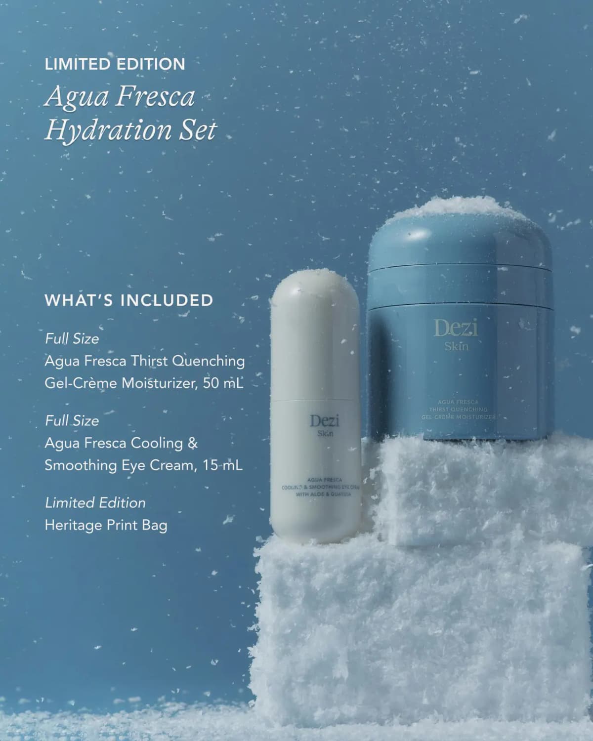 Blue moisturizer jar and white eye cream on snow-covered blocks, with set contents listed in white text