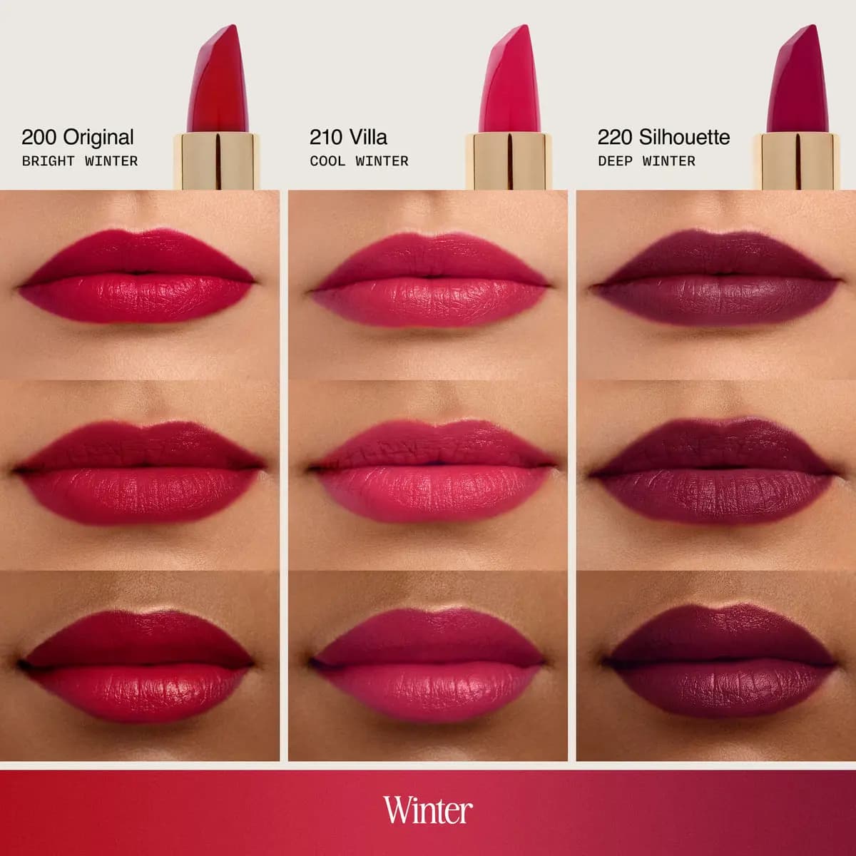 Original, Villa and Silhouette lipsticks for Winter types on lips across three skin tones, from blue red to deep berry