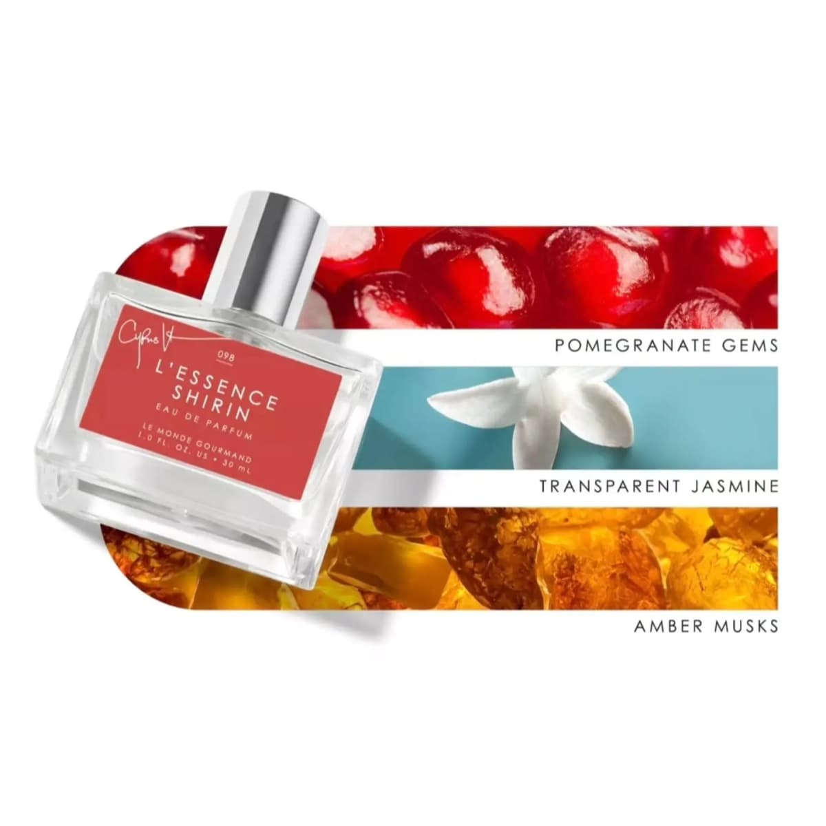 L'Essence Shirin bottle beside note panels of pomegranate gems, white jasmine on blue and amber musk crystals