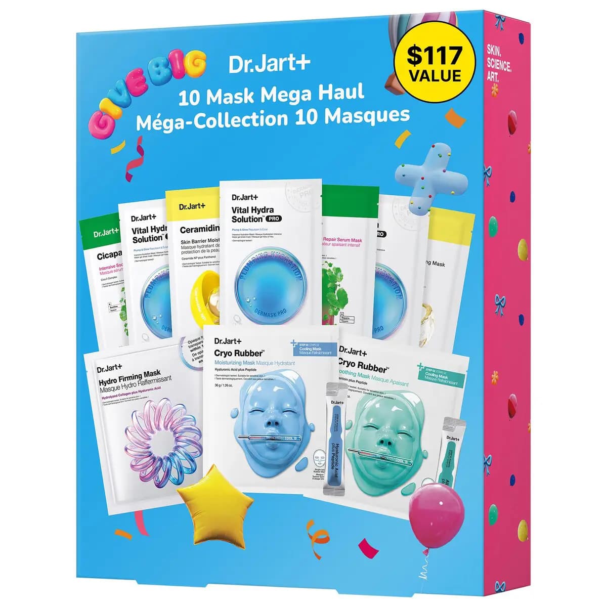 Blue Dr.Jart+ 10 Mask Mega Haul box with pink side panel, confetti graphics and a yellow $117 value badge