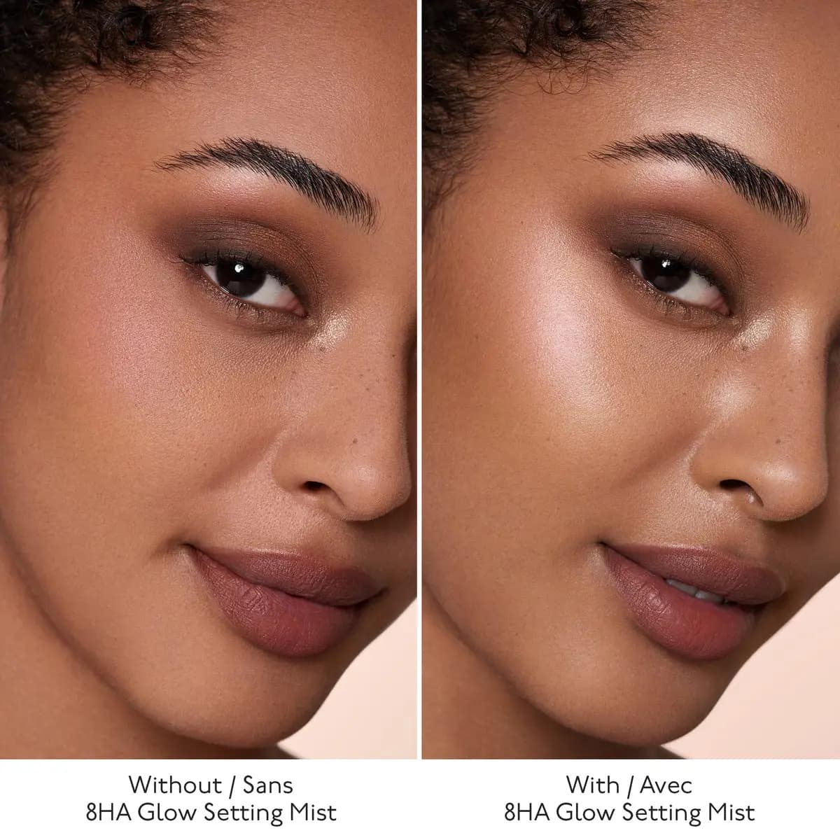 Before-and-after face comparison with 8HA Glow Setting Mist adding a luminous sheen to the cheekbone
