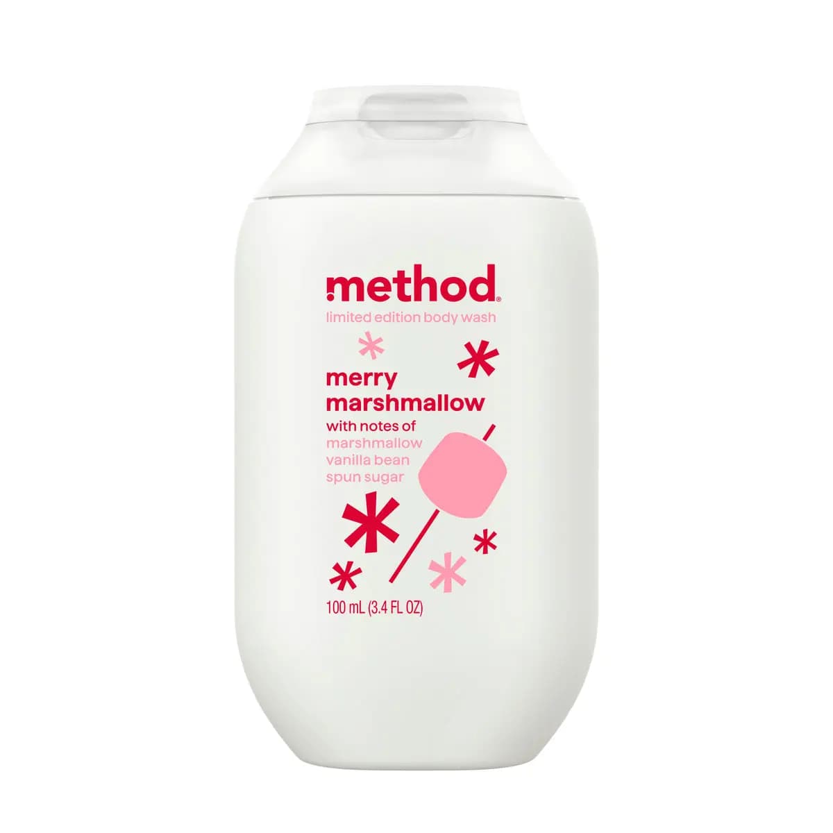 White Method Merry Marshmallow limited edition body wash bottle with pink marshmallow on a stick and red asterisks