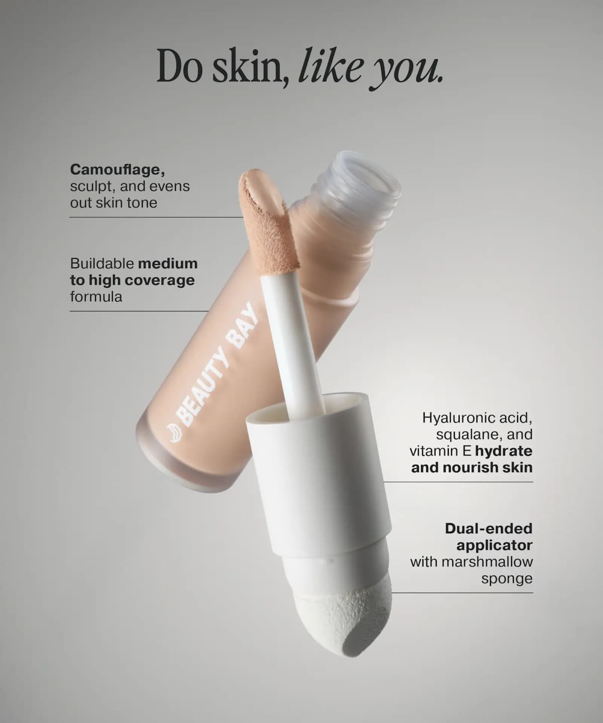 Floating concealer and dual-ended applicator labelled with coverage, hydrating ingredients and marshmallow sponge