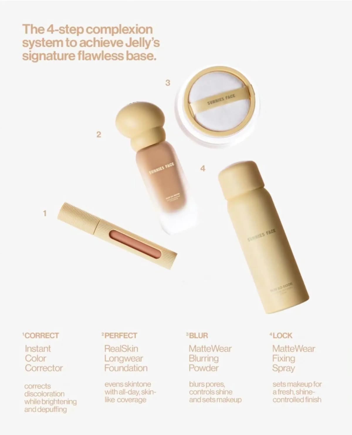The Sunnies Face Skin So Good 4-step complexion system: color corrector, foundation, blurring powder and fixing spray