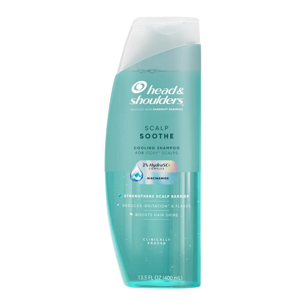Scalp Soothe Cooling Shampoo for itchy scalps in a curved translucent teal bottle with niacinamide badge