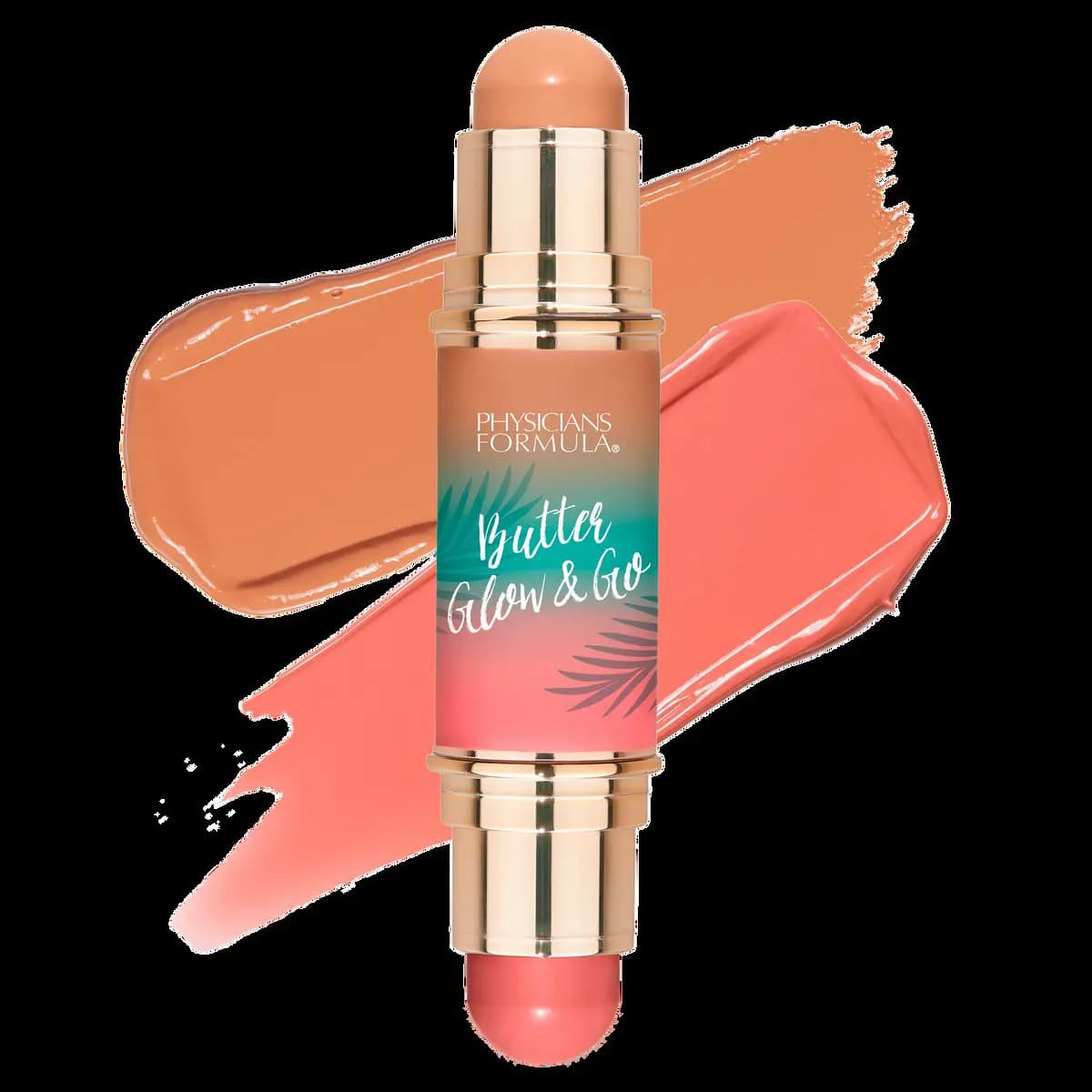 Butter Glow & Go stick with peachy bronze and coral swatches behind it on white background