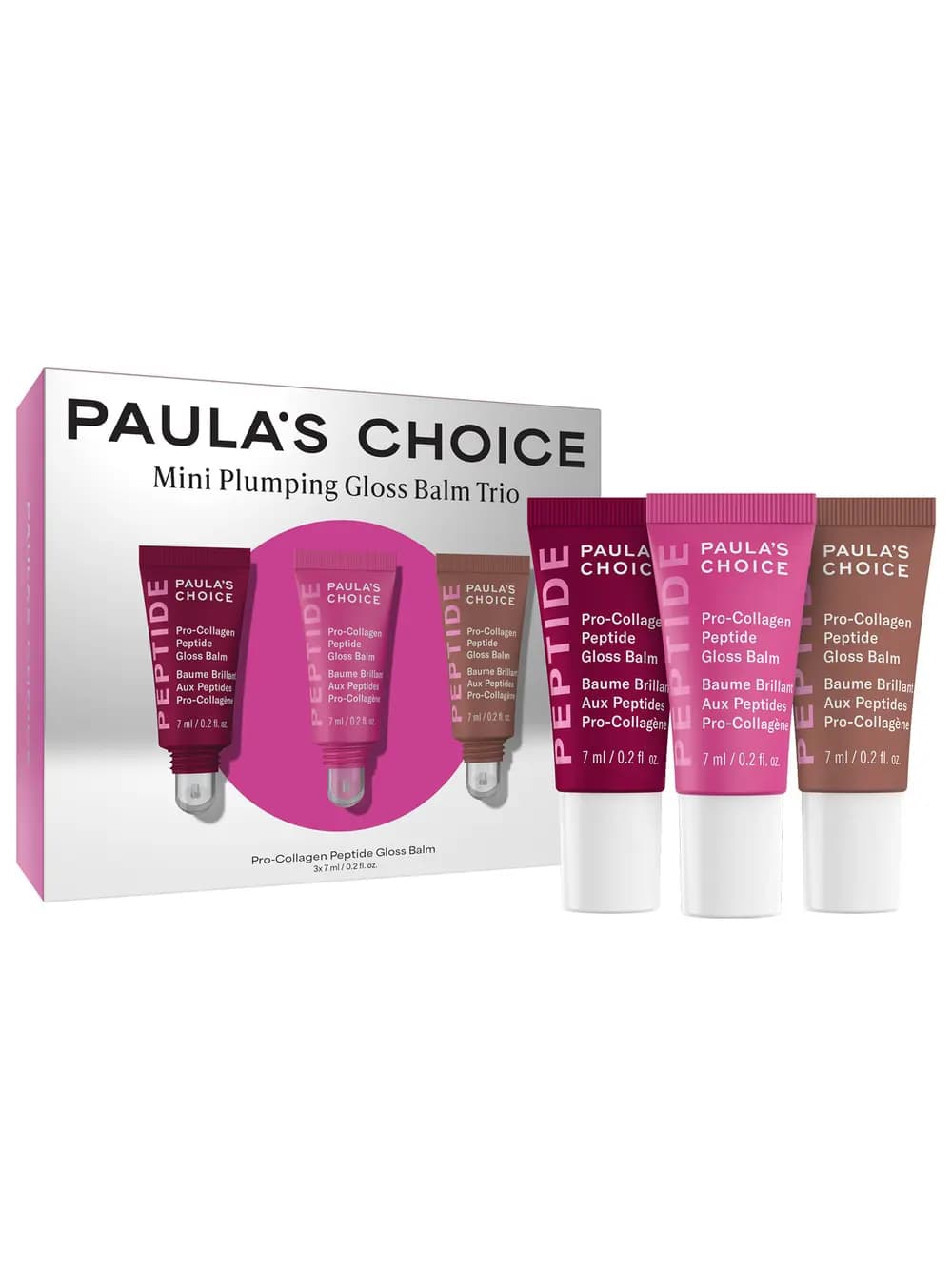Mini Plumping Gloss Balm Trio of berry, pink and brown peptide lip tubes beside a silver and pink box.