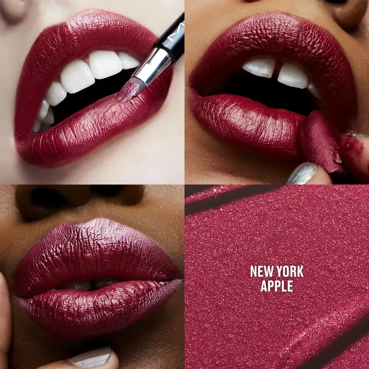 New York Apple frost lipstick shown on three lip close-ups with a sparkling berry-red texture swatch