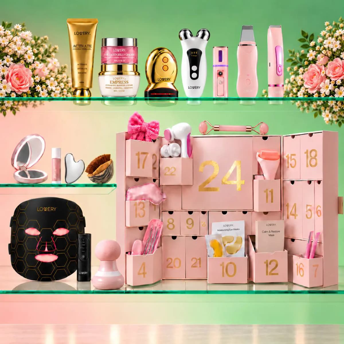 Pink keepsake chest with filled drawers on glass shelves beside gold gel tube, creams and handheld devices