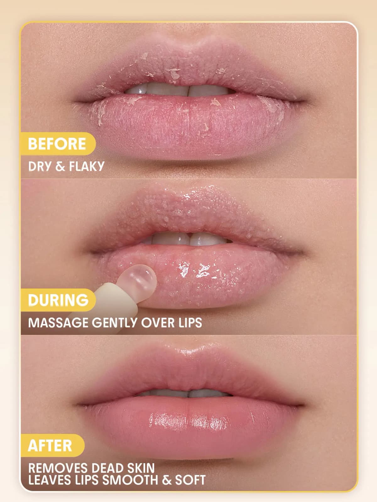 Lip scrub before, during and after: dry flaky lips, applicator massaging scrub, then smooth soft pink lips