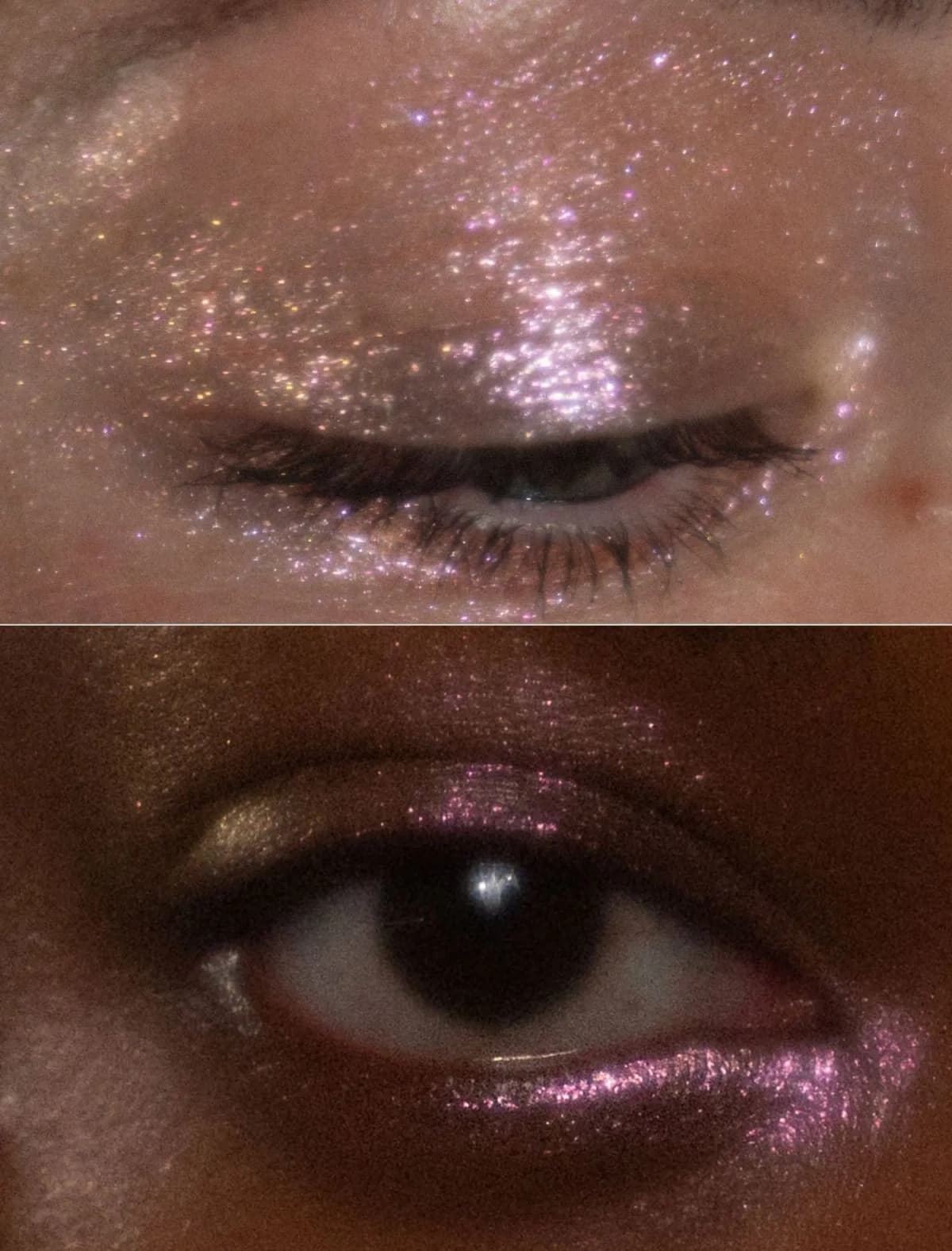 Pink glitter shadow on a closed fair eyelid above, and pink shimmer under a dark brown eye on deep skin below