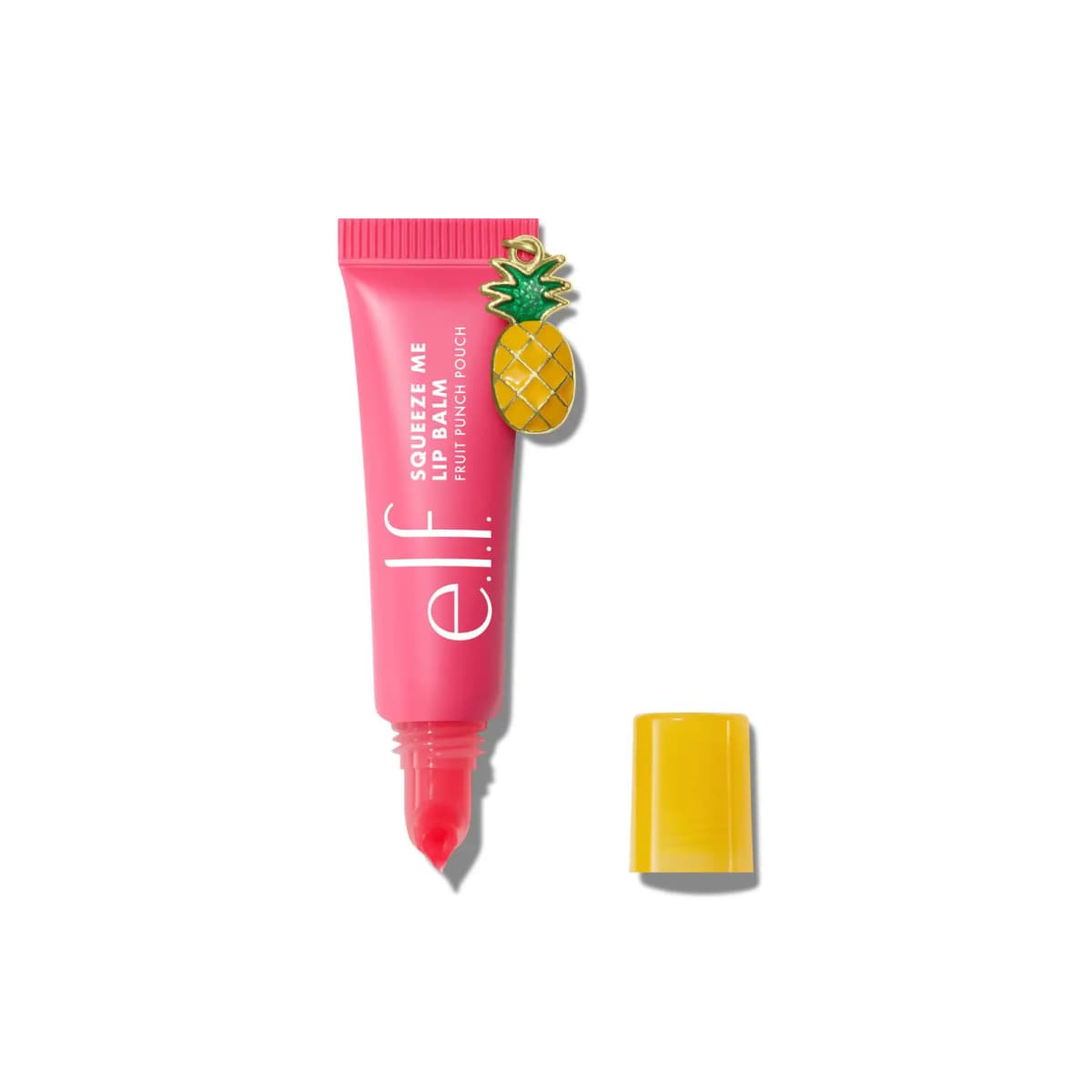 Coral-pink Fruit Punch Pouch tube with pineapple charm, showing a bright pink balm tip next to a yellow cap