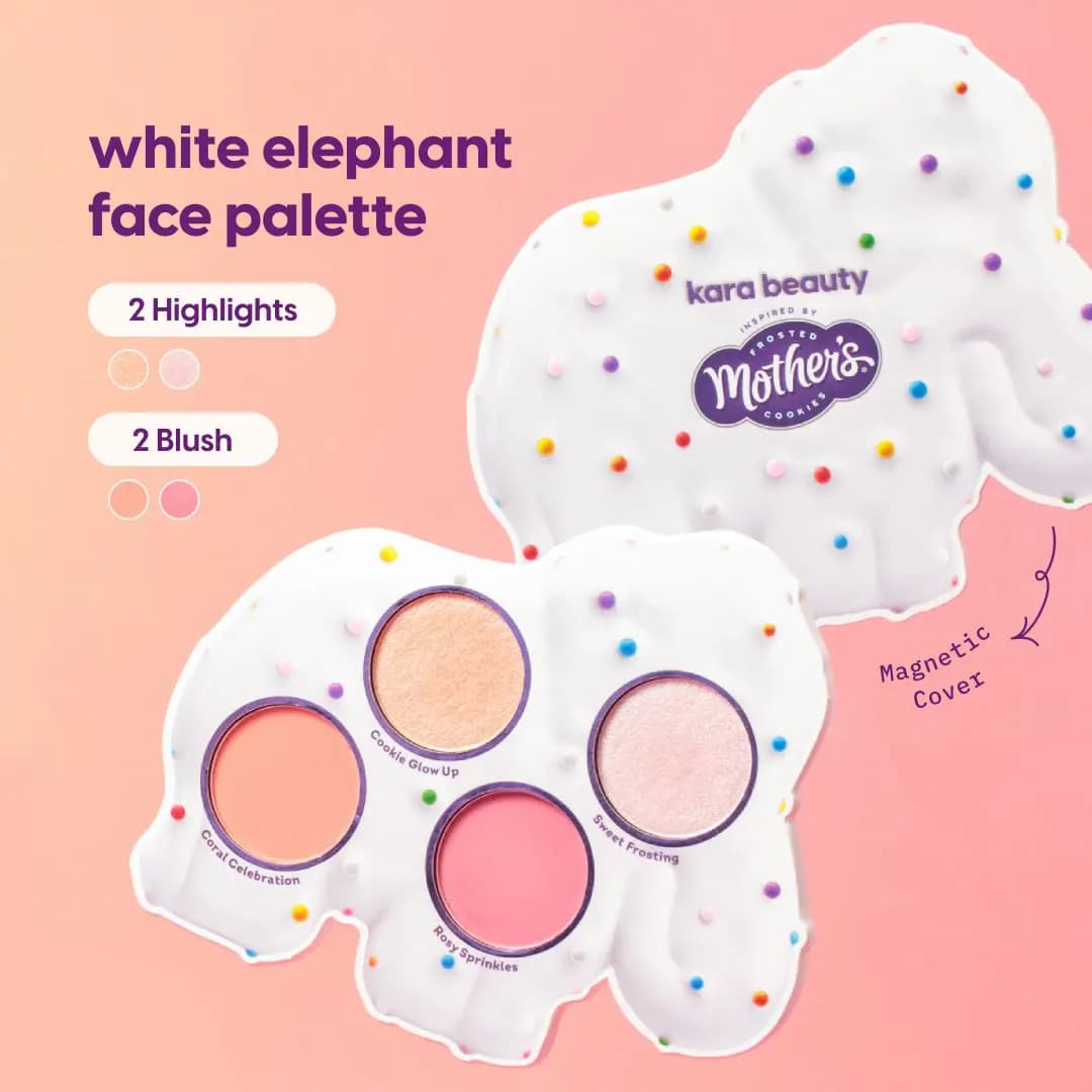 White elephant face palette with sprinkle-dotted magnetic cover, two highlighters and two blushes