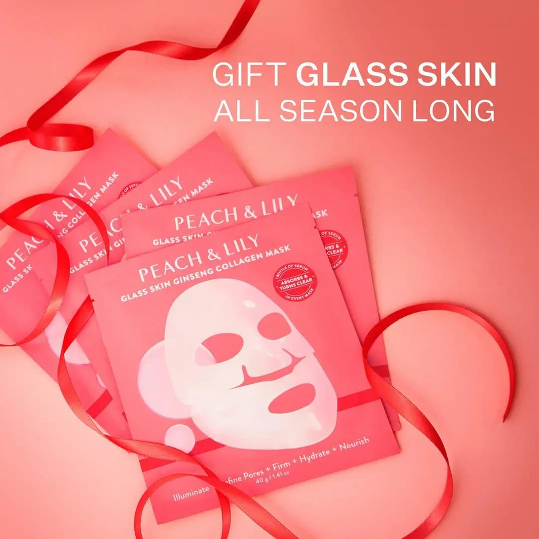 Scattered Glass Skin Ginseng Collagen Mask sachets with curling red ribbon, text reads Gift Glass Skin All Season Long