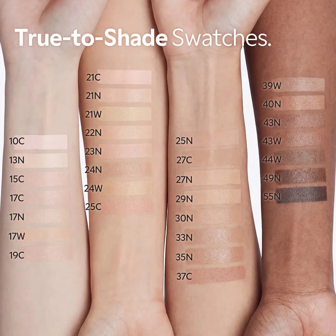 Four forearms of varying skin tones with labelled stripe swatches of all 30 shades, from 10C to 55N.